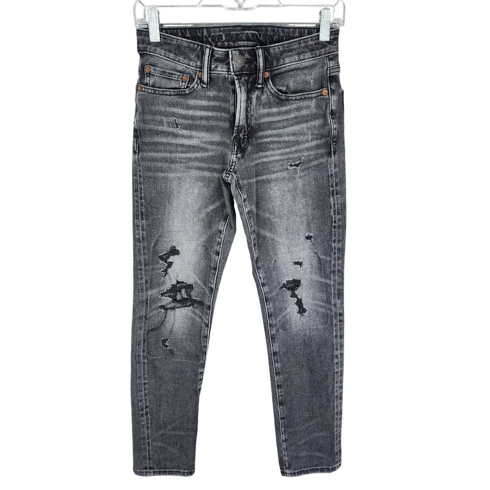 Mens American Eagle Airflex Slim Black Denim Jeans Distressed Size 26x28